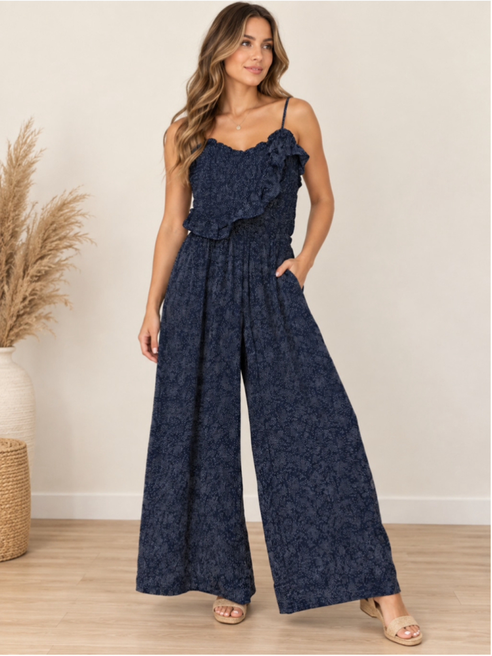 Women's Heartloom Navy Blue White Polka Dot Smocked Ruffle Jumpsuit Size S